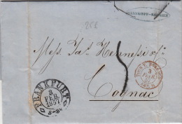 Lettre Frankfurt, Cachet Rouge Tour-T Forbach AMB.D Pour La France 1857 - Andere & Zonder Classificatie