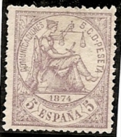 1874-ED. 144 -  I REPÚBLICA- ALEGORÍA DE LA JUSTICIA 5 CTS. VIOLETA-NUEVO - MH- - Nuevos