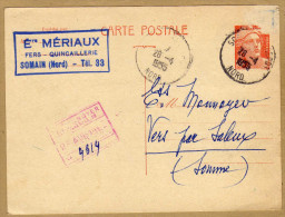 Carte Entier Postal Ets Mériaux Fers Quincaillerie Somain Nord à Vers Par Saleux - Other & Unclassified