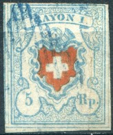 SUISSE - N° 14a (o)…bleu Clair…ondulation Verticale Non Cassante - 1843-1852 Timbres Cantonaux Et  Fédéraux