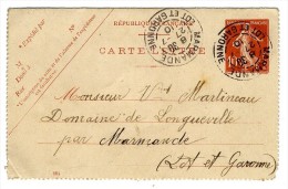 CARTE LETTRE  ENTIER POSTAL SEMEUSE 10 C  -  CACHET MARMANDE  1910 - Letter Cards