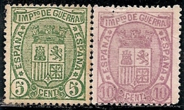 1875-ED. 154 Y 155 MONARQUIA PRE-CONSTITUCIONAL. ESCUDO PODER EJECUTIVO - 5 Y 10 CTS. VERDE Y VIOLETA-NUEVO SIN GOMA - Neufs