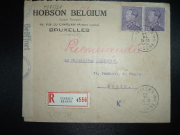 LR POUR LA FRANCE TP 2F X2 OBL.21 XI 1942 IXELLES + HOBSON BELGIUM + CENSURE ALLEMANDE - Guerre 40-45 (Lettres & Documents)