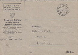 SCHWEIZ  Militärsache, FELDPOST, Cdt. Cp.fus.mont.III/44, Stempel: +GEB.FÜS.KP.+ -III/44- Feldpost (um 1944) - Poststempel