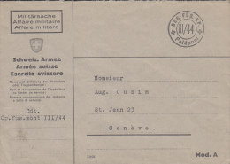 SCHWEIZ  Militärsache, FELDPOST, Cdt. Cp.fus.mont.III/44, Stempel: +GEB.FÜS.KP.+ -III/44- Feldpost (um 1944) - Annullamenti