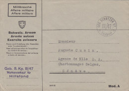 SCHWEIZ  Militärsache, Geb.S.Kp.III/47 Markenverkauf Für Hilfsfond, St: +GEB.SCHÜTZEN KP.+ -III/47- Feldpost (um 1944) - Postmarks