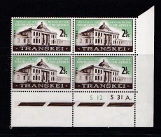 SOUTH AFRICA, 1963, MNH Control Block Of 4, Transkei Parliament, M 338 - Unused Stamps