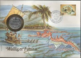 Wallis And Futuna, Sea Horse, Marine Life, Boat, Mountain, Special Cover With Coin - Lettres & Documents