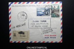 France: Premier Liasions Aerienne  Paris -Turin 1-6-1958  R-lettre - 1927-1959 Covers & Documents