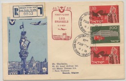 AEROPHILATELIE -1956 ISRAEL REGISTERED COVER FIRST FLIGHT LOD-BRUSSELS (CDS Reception At Back) - Luftpost