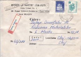 26981- REGISTERED COVER LABEL TOHAN FABRICA 36, ARMAMENT FACTORY, MONASTERY, PHONE NETWORK STAMPS, 1983, ROMANIA - Lettres & Documents