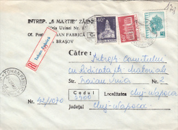 26983- REGISTERED COVER LABEL TOHAN FABRICA 295, ARMAMENT FACTORY, CHURCH, THEATRE, PHONE NETWORK STAMPS, 1983, ROMANIA - Brieven En Documenten