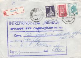 26985- REGISTERED COVER LABEL BRASOV 11-485, ELECTRONICS COMPANY, CHURCH, THEATRE, PHONE NETWORK STAMPS, 1983, ROMANIA - Cartas & Documentos