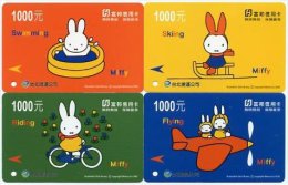 Set Of 4 Miffy Cartoon Early Taipei Rapid Transit Train Ticket MRT Cycling Plane Sledge Swimming Rabbit - Monde