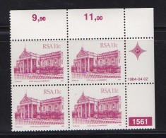 SOUTH AFRICA, 1984, MNH Control Block Of 4, Buildings 11 Cent,  M 646 - Ungebraucht