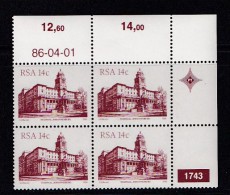 SOUTH AFRICA, 1986, MNH Control Block Of 4, Buildings 14 Cent,  M 686 - Ungebraucht