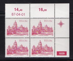 SOUTH AFRICA, 1987, MNH Control Block Of 4,Buildings 16 Cent, M 705 - Neufs