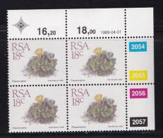 SOUTH AFRICA, 1989, MNH Control Block Of 4, Succulent 18cent, M 770 - Neufs