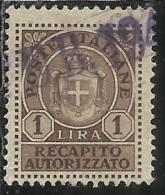 ITALIA REGNO ITALY KINGDOM 1946 LUOGOTENENZA RECAPITO AUTORIZZATO LIRE 1 LIRA USATO USED USATO - Authorized Private Service