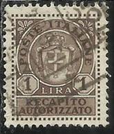 ITALIA REGNO ITALY KINGDOM 1946 LUOGOTENENZA RECAPITO AUTORIZZATO LIRE 1 LIRA USATO USED USATO - Authorized Private Service