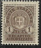 ITALIA REGNO ITALY KINGDOM 1946 LUOGOTENENZA RECAPITO AUTORIZZATO LIRE 1 LIRA USATO USED USATO - Autorisierter Privatdienst