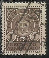 ITALIA REGNO ITALY KINGDOM 1946 LUOGOTENENZA RECAPITO AUTORIZZATO LIRE 1 LIRA USATO USED USATO - Autorisierter Privatdienst