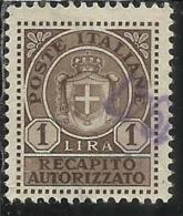 ITALIA REGNO ITALY KINGDOM 1946 LUOGOTENENZA RECAPITO AUTORIZZATO LIRE 1 LIRA USATO USED USATO - Recapito Autorizzato