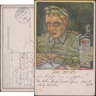 Allemagne 1918 Carte En Franchise Militaire. Der Brief, Soldat écrivant Une Lettre à La Plume. Bouteille D´encre Pelikan - Pelikane