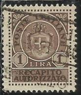 ITALIA REGNO ITALY KINGDOM 1946 LUOGOTENENZA RECAPITO AUTORIZZATO LIRE 1 LIRA USATO USED USATO - Autorisierter Privatdienst