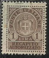 ITALIA REGNO ITALY KINGDOM 1946 LUOGOTENENZA RECAPITO AUTORIZZATO LIRE 1 LIRA USATO USED USATO - Service Privé Autorisé