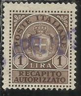 ITALIA REGNO ITALY KINGDOM 1946 LUOGOTENENZA RECAPITO AUTORIZZATO LIRE 1 LIRA USATO USED USATO - Geautoriseerde Privédienst