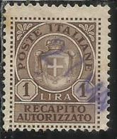 ITALIA REGNO ITALY KINGDOM 1946 LUOGOTENENZA RECAPITO AUTORIZZATO LIRE 1 LIRA USATO USED USATO - Recapito Autorizzato