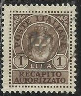 ITALIA REGNO ITALY KINGDOM 1946 LUOGOTENENZA RECAPITO AUTORIZZATO LIRE 1 LIRA USATO USED USATO - Autorisierter Privatdienst