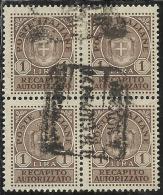 ITALIA REGNO ITALY KINGDOM 1946 LUOGOTENENZA RECAPITO AUTORIZZATO LIRE 1 LIRA QUARTINA USATA BLOCK USED OBLITERE´ - Autorisierter Privatdienst