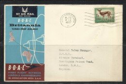 SUD SOUTH AFRICA RSA AFRIQUE 1957 COVER Johannesburg To LONDON ENGLAND FIRST FLIGHT BOAC TURBO PROP AIRLINER PRIMO VOLO - Cartas