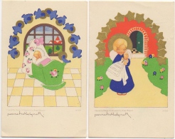 Faire-Parts Baptême & Naissance. Illustrateur Jeannet Hebbelynck. Montigny-le-Tilleul/Uccle. 1943. Lot De 2. - Geboorte & Doop