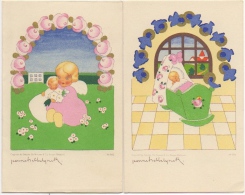 Faire-Parts Baptême & Naissance. Illustrateur Jeannet Hebbelynck. Uccle. 1943. Lot De 2. - Geburt & Taufe