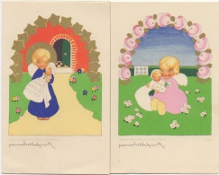 Faire-Parts Baptême & Naissance. Illustrateur Jeannet Hebbelynck. Uccle. 1943. Lot De 2. - Birth & Baptism