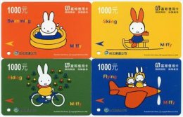 Set Of 4 Miffy Cartoon Early Taipei Rapid Transit Train Ticket MRT Cycling Plane Sledge Swimming Rabbit - Mondo