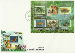 S. Tomè 2010, WWF, Stamps On Stamps, Bat, Butterfly, Snake, Fish, Croccodrille, Ducks, 6val In BF In FDC - Fledermäuse