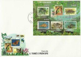 S. Tomè 2010, WWF, Stamps On Stamps, Bat, Butterfly, Snake, Fish, Croccodrille, Ducks, 6val In BF IMPERFORATED In FDC - Fledermäuse