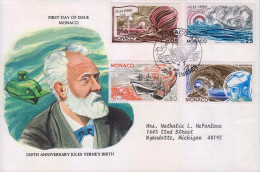 J) 1978 MONACO, SUBMARINE- 150TH ANNIVERSARY OF THE JULES VERNE'S BIRTH, MULTIPLE STAMPS, BALLOON-BOAT-SEA-SPACE, FDC, C - Cartas & Documentos