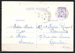 IRIS Violet 1f20  Entier  De FRISE Somme Pour  CAMBRAI Nord  Le 12 Oct 1944   Cachet BRAY Sur  SOMME - Overprinter Postcards (before 1995)