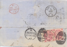 Great Britain 1866 Piece Of Envelope To Italy With Stamps 2 X 3 Pence And Cancel Of Liverpool 466 - Storia Postale