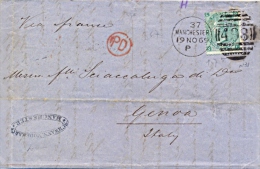 Great Britain 1869 Envelope From Manchester 498 To Genoa (Italy) Via France With Stamp 1 Shilling - Cartas & Documentos