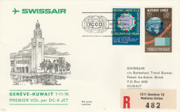 Genève ONU Koweit Kuwait 1976 - 1er Vol Erstflug Inaugural Flight - Swissair - First Flight Covers