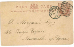 STORIA POSTALE 54 CARTOLINA POSTALE REGNO UNITO POST CARD VIAGGIATA 1883 DA LONDRA VERSO NEWCASTLE ON TYNE CONDIZIONI BU - Brieven En Documenten