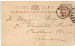 STORIA POSTALE 55 CARTOLINA POSTALE REGNO UNITO POST CARD VIAGGIATA 1881 DA DERBY VERSO LONDRA CONDIZIONI BUONE - Cartas & Documentos