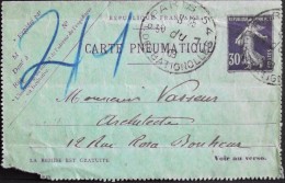 FRANCE 1919 Semeuse 30c Type 1 - ENTIER POSTAL CLPP3 - Carte Pneumatique 819 - Paris Batignolles Le 30 Du 7.1909  - BE - - Rohrpost