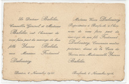 Faire Part De Mariage --  (Douera - Boufarick )  Mr Ferdinand Daboussy Et Mlle Yvonne Babilee  6/11/1916 - Recepties